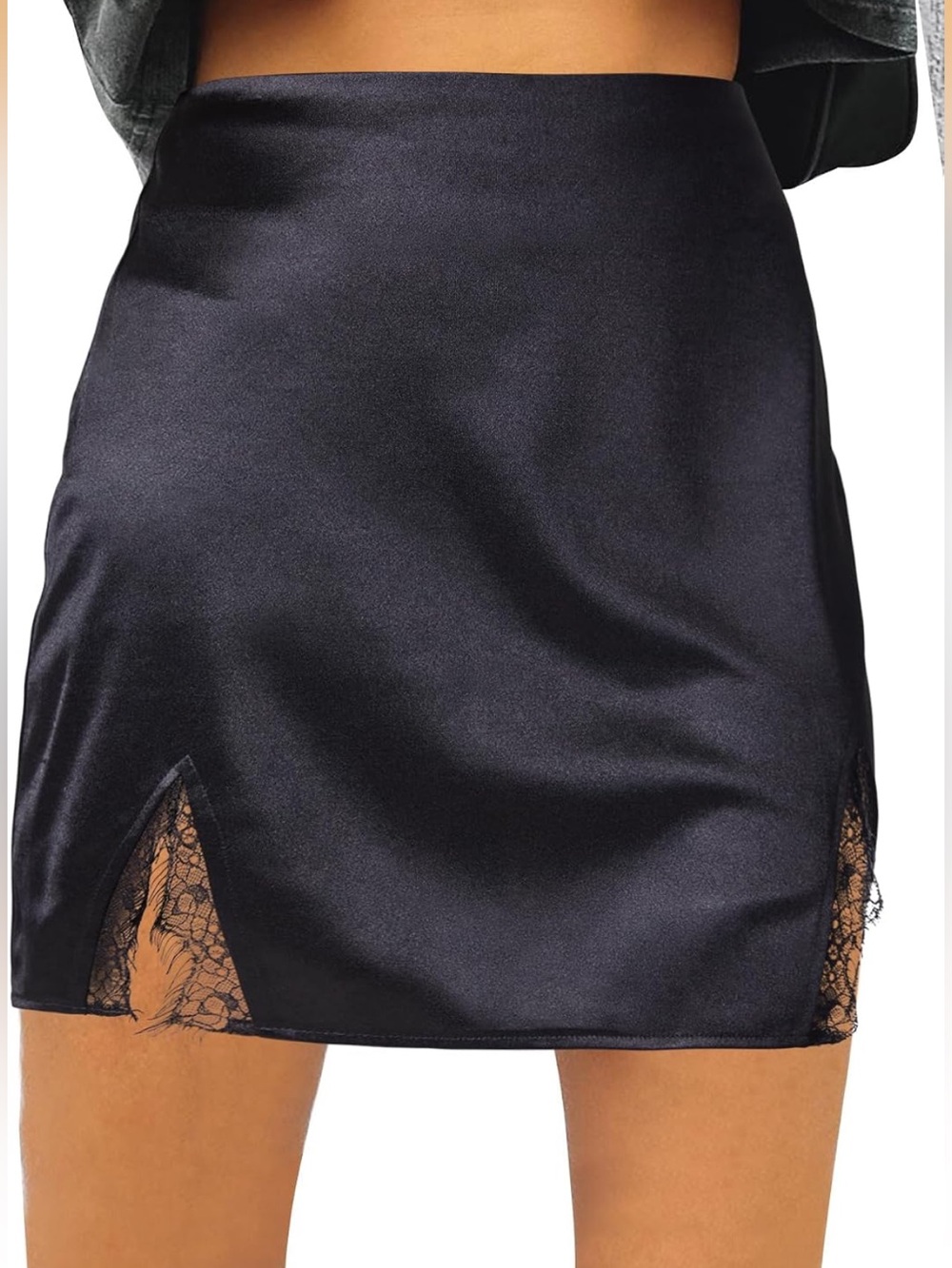 Satin Mini Skirt with Lace Insets - Black